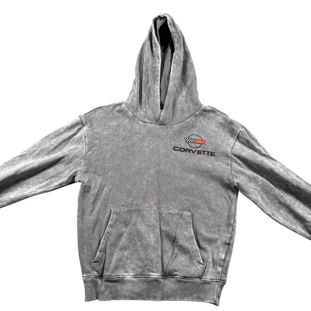 VTG Corvette Hoodie GM Graphic Gray acid Wash Pullover‎ Streetwear grunge Y2K